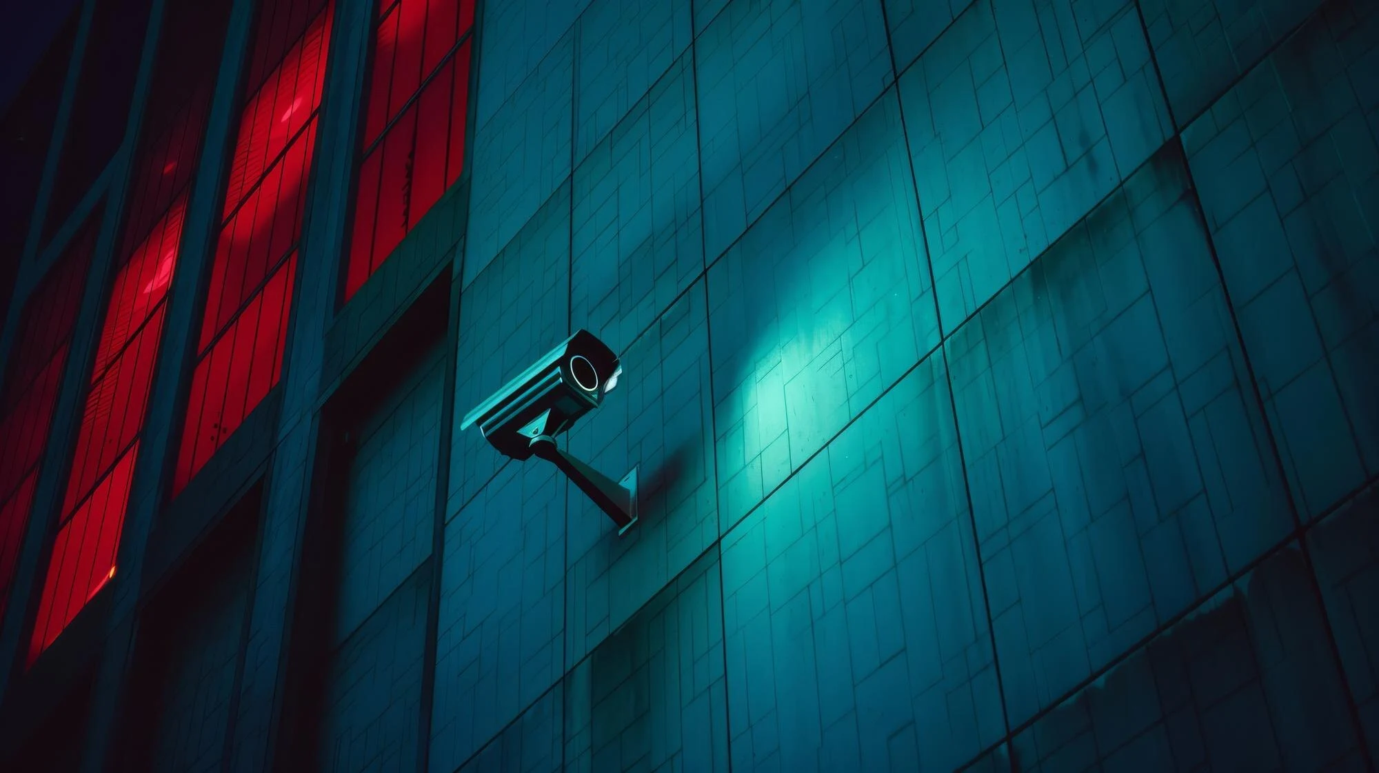 Modern bir yapıda dış alanı izleyen güvenlik kamerası